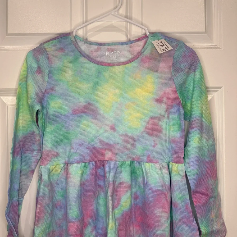 The Childrens Place Girls Tie Dye Waffle Knit Long Sleeve Dress Size L 10/12 - Picture 2 of 6